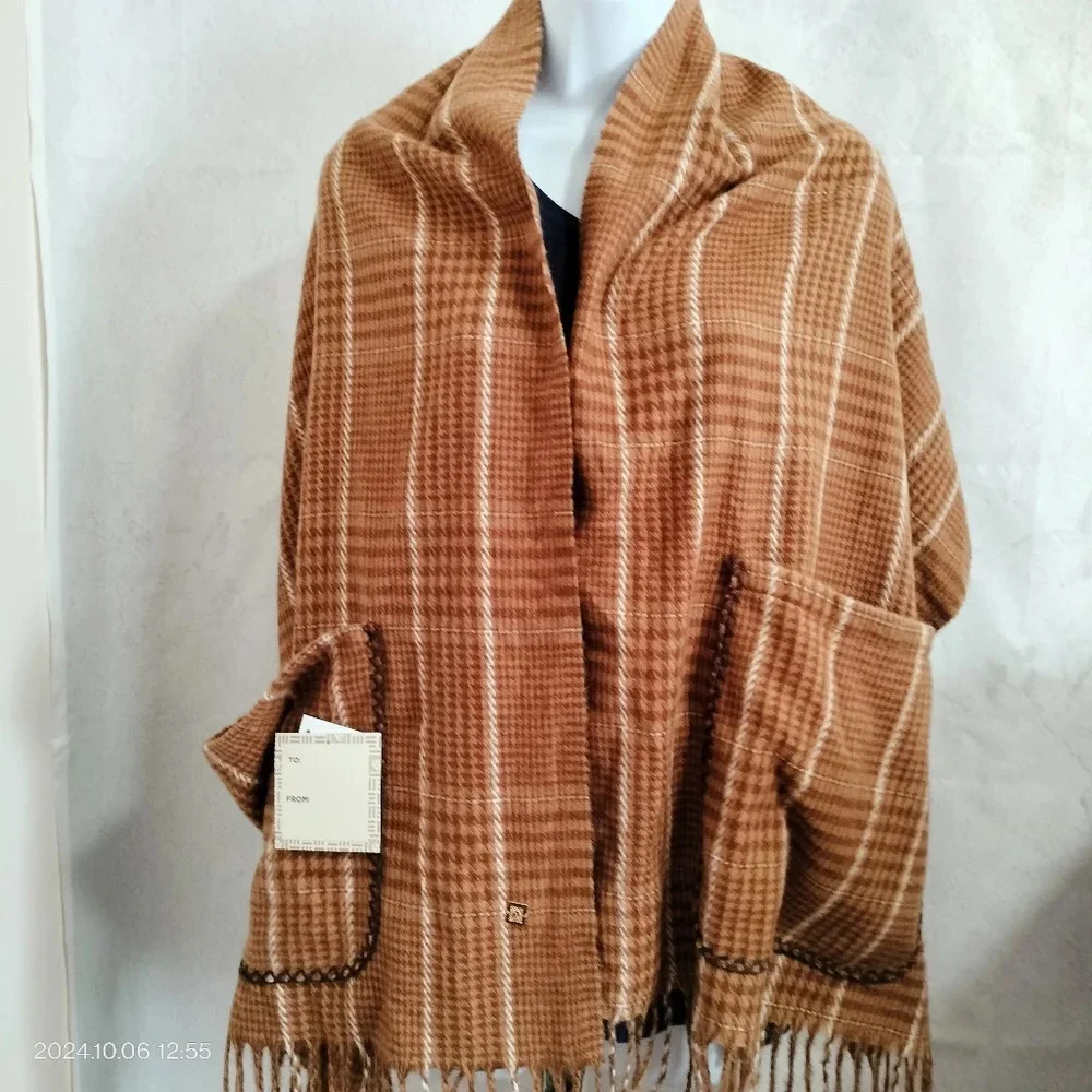 Anne Klein Women's OS Pocket Scarf Shawl Multifunctional Rectangle Brown Plaid